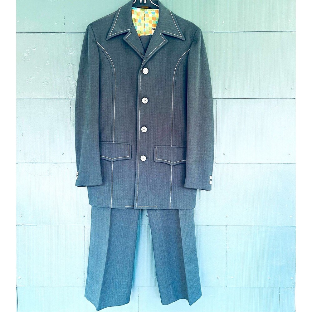 Vintage 70s Men’s Leisure Suit Forest Green Poly Double Knit Disco Mod 2 pc S/M